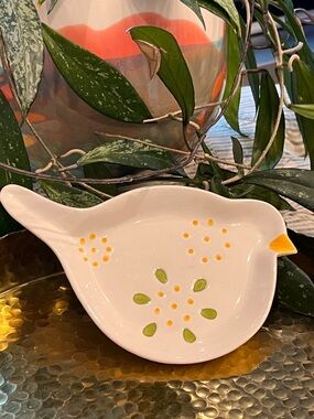 Pier 1 White Ceramic Bird Dish with Yellow and Green Accents
